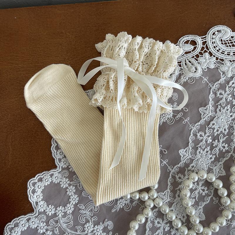 1 Pair Sweet Lace Bow Ribbon Kids Girl Sock Elegant Fashion Princess Ruffle Sock for Children Spring Summer Soft Cotton Sock