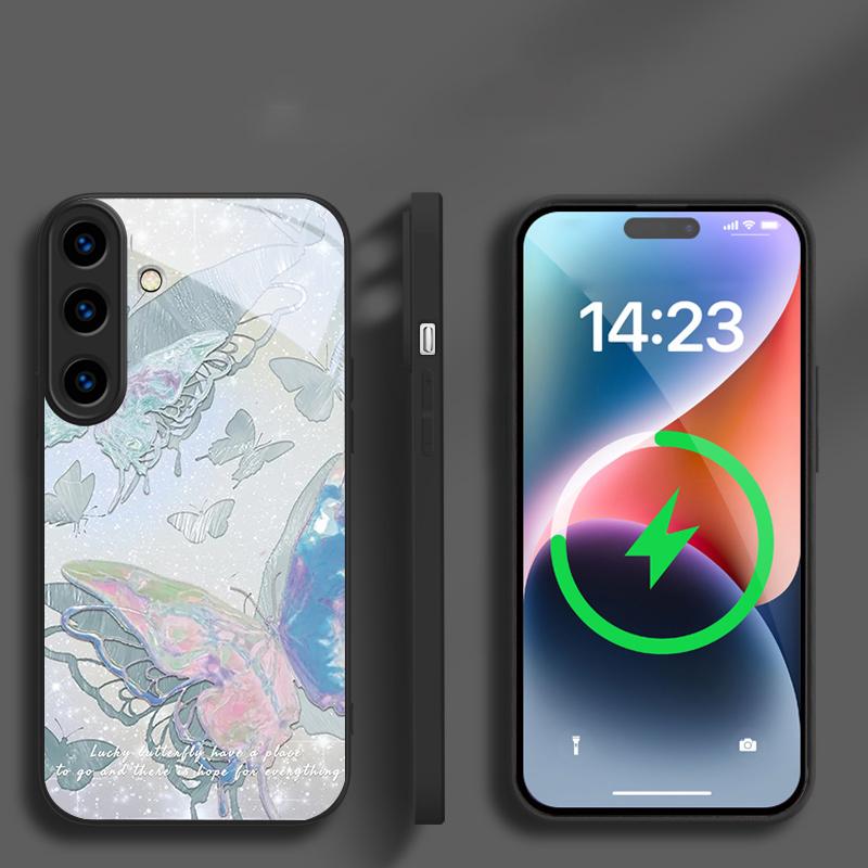 Счастливая Бабочка Картина подходит для Samsung Galaxy S26 Ultra S20 FE S21 S22+ 23 Plus S24 Ultra 25 Edge черная Стеклянная Чехол для Телефона
