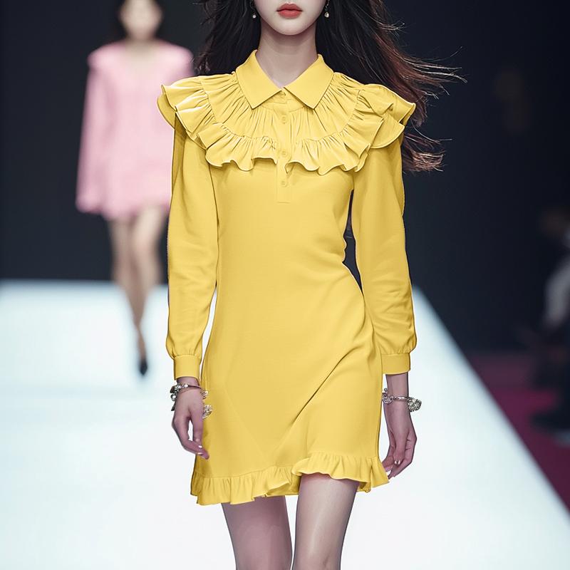 VONDA Women Elegant Lapel Ruffled Solid Color Long Sleeve Dresses