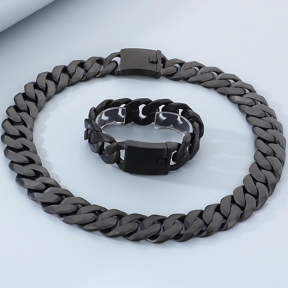 22/60CM 24MM Cuban Chain Bracelet Necklace For Men Hip-Hop Cool Black Gold Color Stainless Steel Necklaces Jewellery Accessories