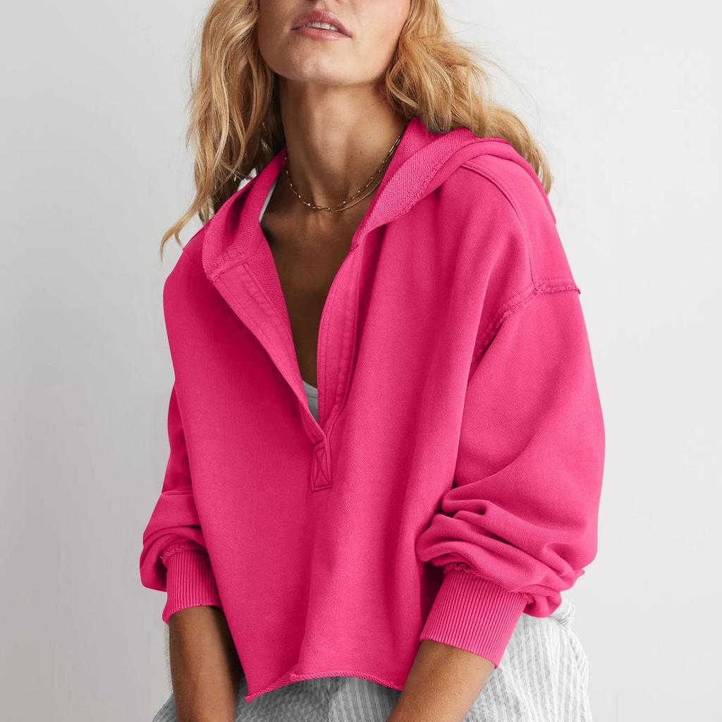 Женская модная однотонная свободная кофта с V-образным вырезом и длинными рукавами, короткая толстовка с капюшоном