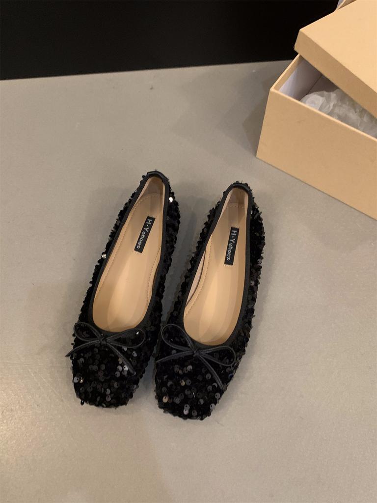 Туфли-лодочки туфли феи 2025 новые весна осень и зима плоские темперамент серебряные пайетки французские черные нежные вечерние туфли