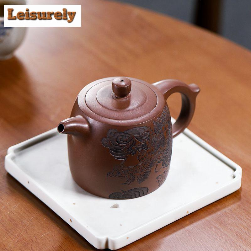 330 мл чайники из фиолетовой глины Исин, ручная работа, резной горшок с изображением колодца дракона, чайник из необработанной руды, фиолетовый глиняный чайник с фильтром, чайный набор «Цзыша», подарок