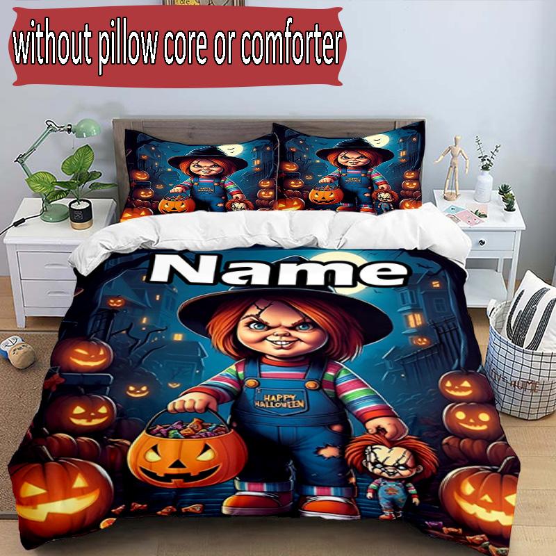 3pcs Duvet Cover Set (1*Duvet Cover + 2*Pillowcase, Without Core), Custom Name Bride of Chucky Pattern Bedding Set, Home Bedroom Decor Gift