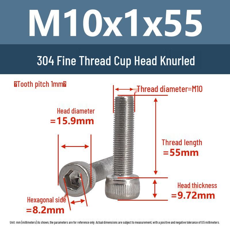 Yigu Fine Thread Knurled Socket Head Screws, 304 Stainless Steel, M3-M12