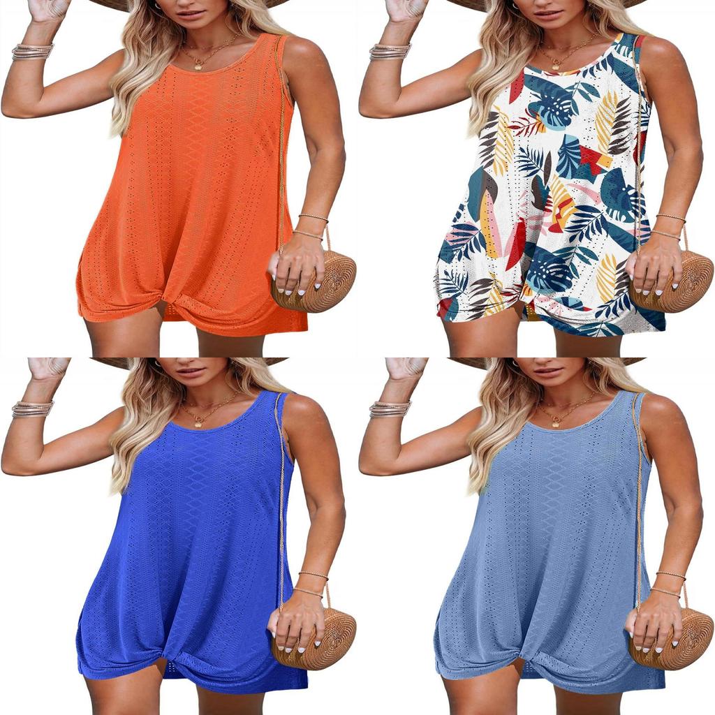 Polyester Splicing Aline Mini Dress With Twist Knot For Summer Beach Vacation Wear