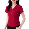 Women T-shirt V-Neck Buttons Decor Short Sleeve T-Shirt Slim Fit Soft Elastic Pullover Tops Commuting Style Tops