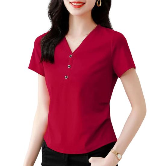 Yousheng женская футболка с V-образным вырезом и пуговицами, декорированная футболка с коротким рукавом, облегающая мягкая эластичная футболка-пуловер, топы для поездок на работу