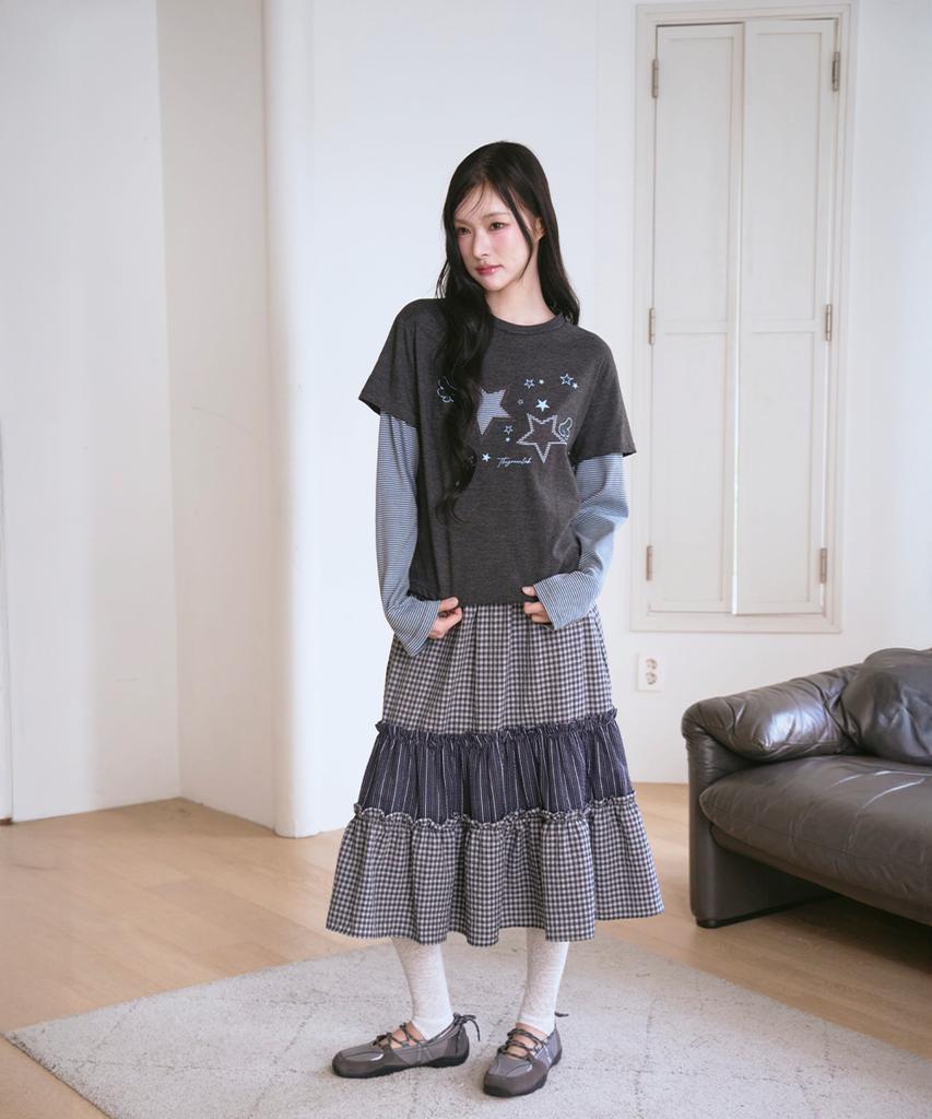 The Green Lab Vintage Tiered Check Skirt [Navy]