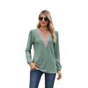 Autumn Winter Solid Color Lace Patchwork V-neck Long Sleeved Loose T-shirt Top T-Shirts (women’s)
