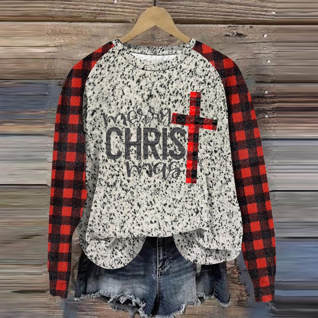 Women's Fashion Round Neck Pullover Plunging Sleeve Tee Christmas Printed Top