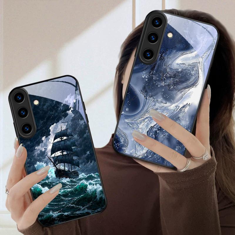 Морской шторм маленький парусник Для Samsung Galaxy S26 Ultra S25 Edge S24 FE S23 Plus S22 S21 S20 S22+ S24+ S25+ Черный стеклянный чехол для телефона
