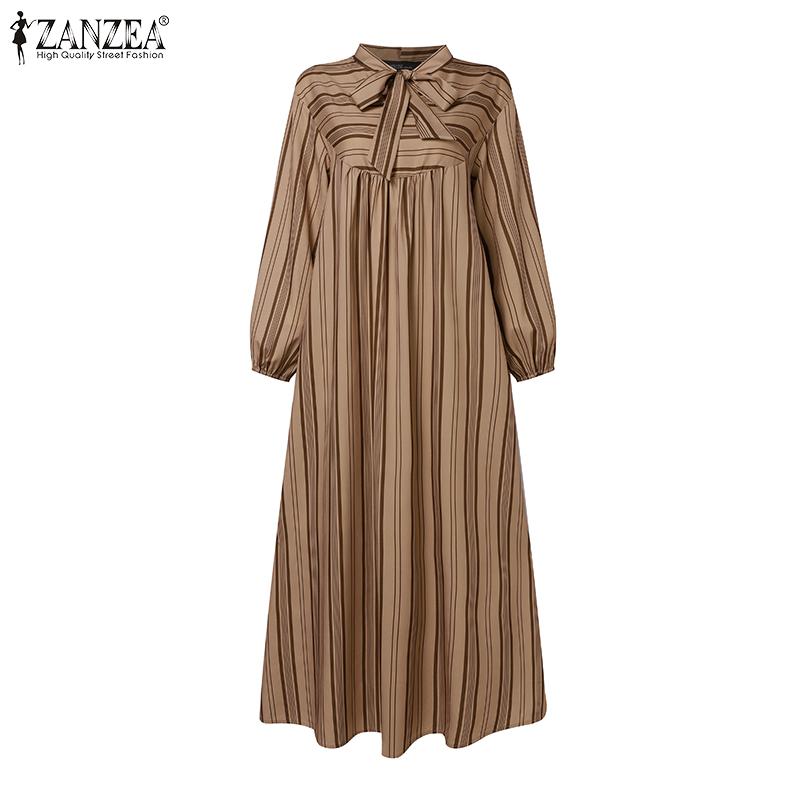 ZANZEA Женское повседневное платье с длинным рукавом и круглым вырезом в полоску с принтом