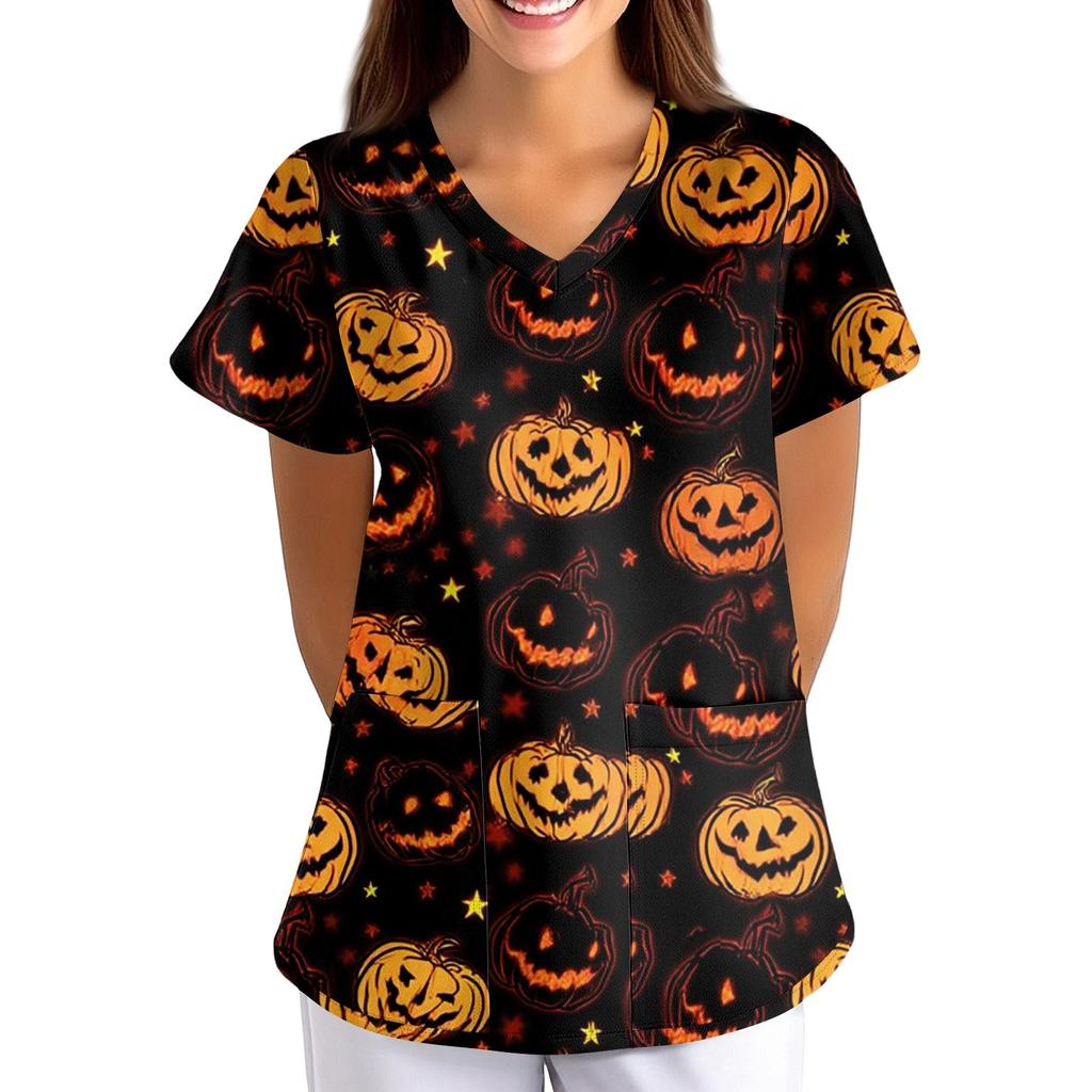 Женская Хэллоуинская Принтованная Свободная V-образная Горловина Карман Короткий Рукав Форма Форма