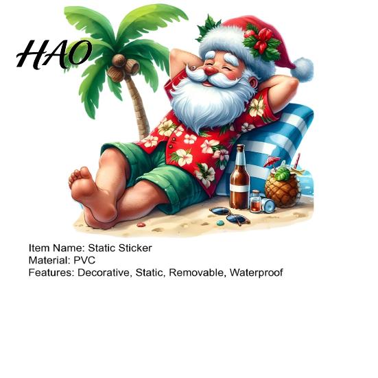 Creative Beach Style Home Decor Tropical Santa Claus Static Window Sticker, Waterproof PVC Glass Decal, Seaside Versatile Door Decals Clings