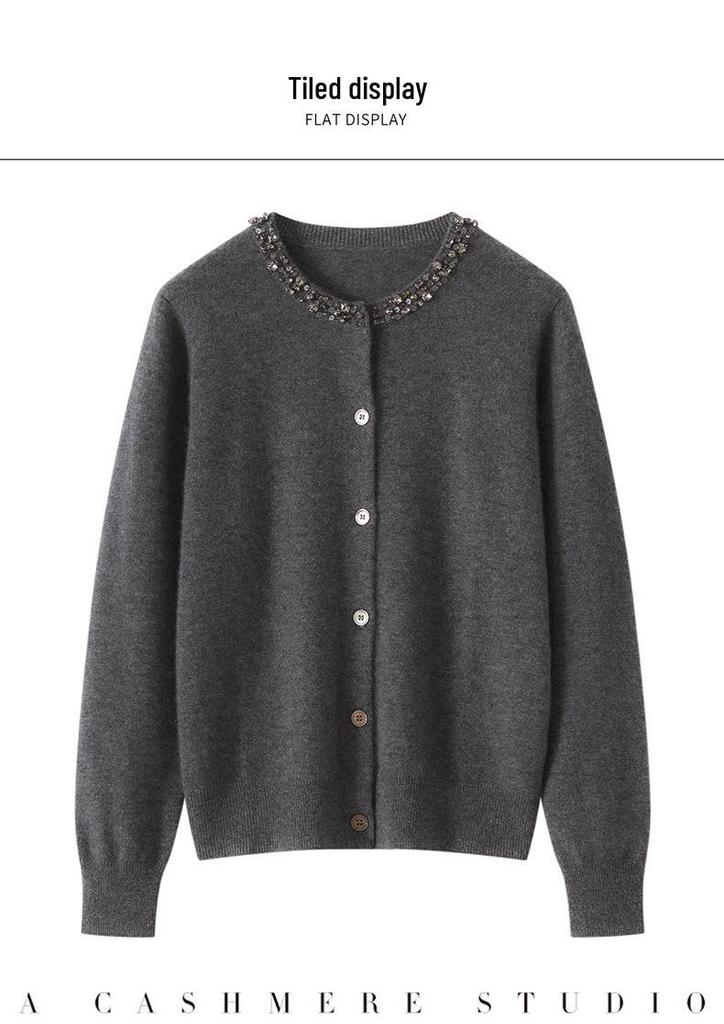 2026 Autumn/Winter Women's Beaded 100% Cashmere Round-Neck Versatile Cardigan Sweater