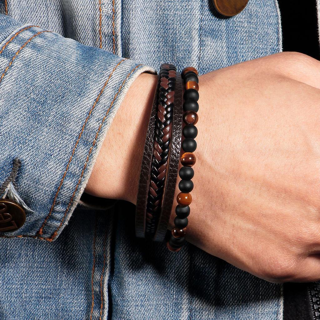 Natural Tiger Eye Stone Beaded Men's Bracelet Handmade Braided Multi-Layer Leather Bangle Fashion Jewelry
