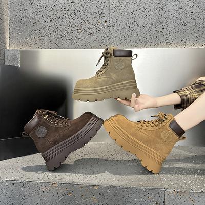 Новые повседневные ретро ботинки на шнуровке для женщин на толстой подошве, увеличивающие рост ботильоны