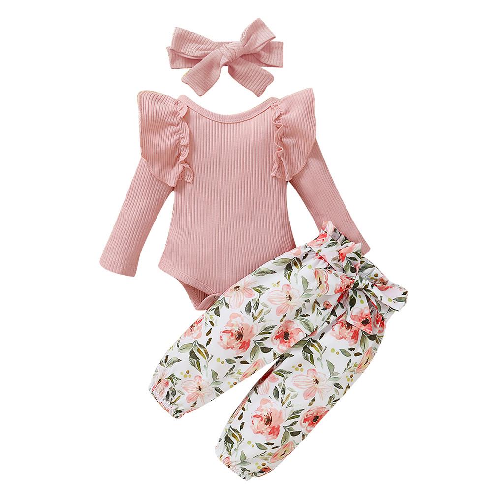 Toddler Baby Girls Long Sleeve Ruffles Romper Bodysuit+Floral Pants Outfits