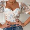 Французская женская сексуальная короткая шифоновая рубашка с пышными рукавами и цветочным принтом на косточках с кружевным топом на груди