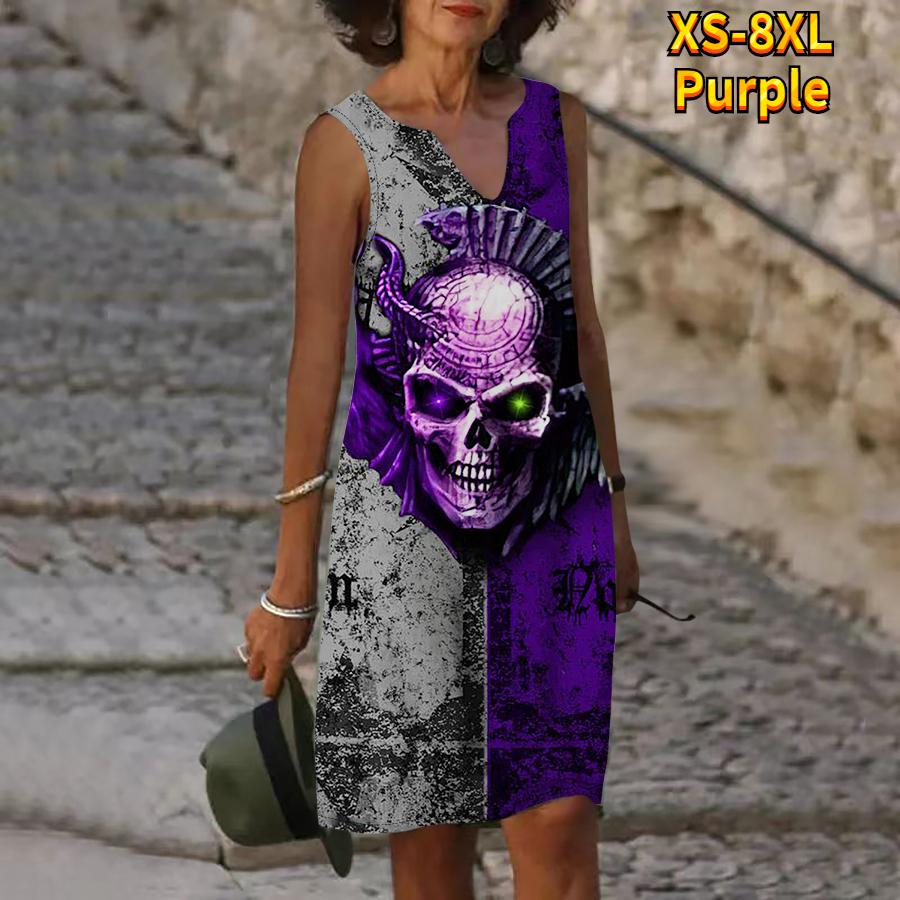 Женское летнее черно-серое платье с v-образным вырезом и принтом головы черепа, повседневное модное платье без рукавов, повседневные свободные сексуальные платья размера плюс XS-8XL