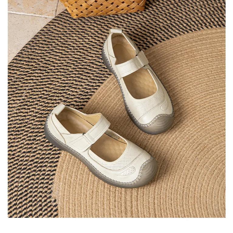 Johnature Genuine Leather Soft Soled Flat Shoes Retro Round Toe Shallow Versatile Comfortable Women's Shoes