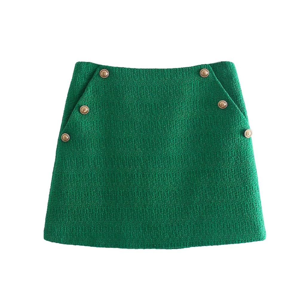 Женские юбки из зеленого твида Faldas Mujer Застежка-молния Круглый вырез Однотонный Однотонный Женские мини-юбочные комплекты