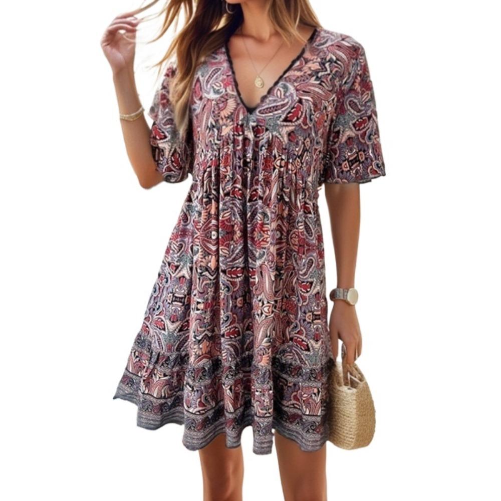 GMXIA Женская мода лето весна цветочный принт с коротким рукавом V-образным вырезом повседневные платья