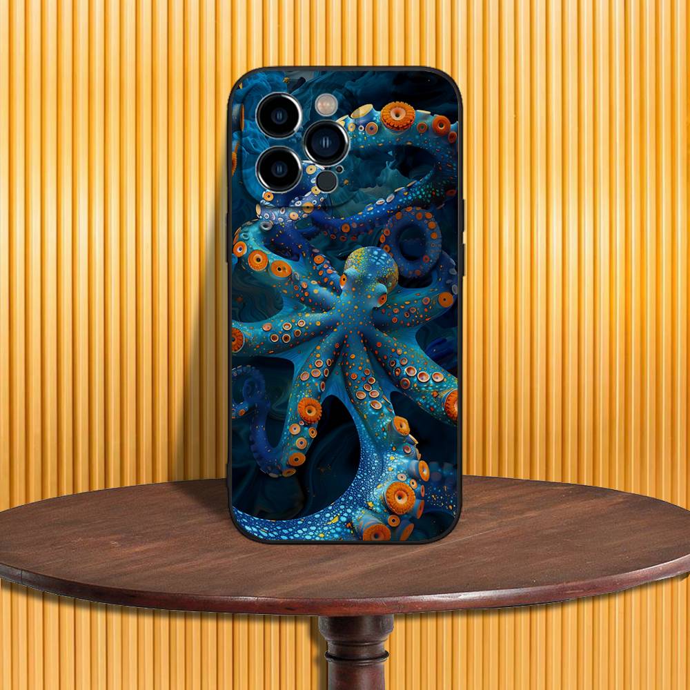 Морской Осьминог Морская Жизнь Чехол для Телефона Для iPhone 17,16,15,14,13,12,11,Pro,Max,Plus,X,XS,SE4,E,Mini,Мягкий Черный Чехол