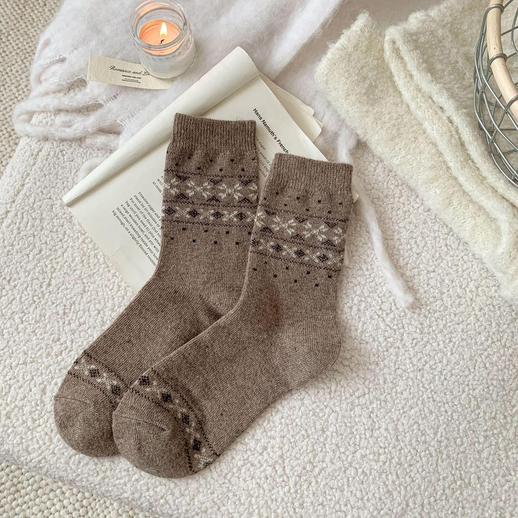 Носки из шерсти с оленями в стиле Fair Isle - Теплые до середины икры в японском стиле с бантом для осени и зимы