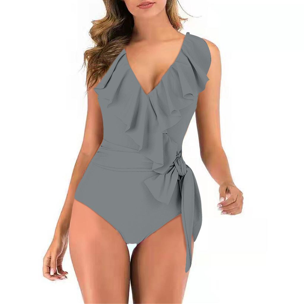 Women Ruffle V Neck  Swimsuits Tummy Tie Side Wrap Slimming Bathing Swimwear