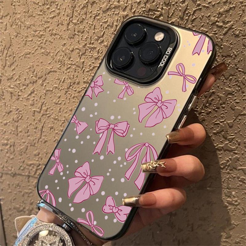 Ins Корейский Простой Розовый Чехол с Бантиком для iPhone 15 Pro Max 14 13 12 11 XS X XR 7 8 Plus 15 Роскошная Лазерная Крышка для Защиты Объектива
