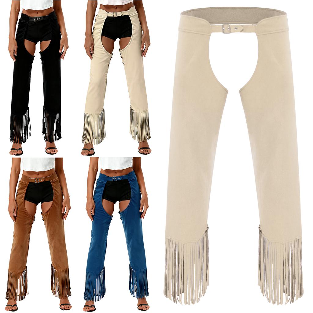 Womens Suede Cowgirl Chaps Fringe Split Open Crotch Adjustable Buckles Pants Vintage Costume