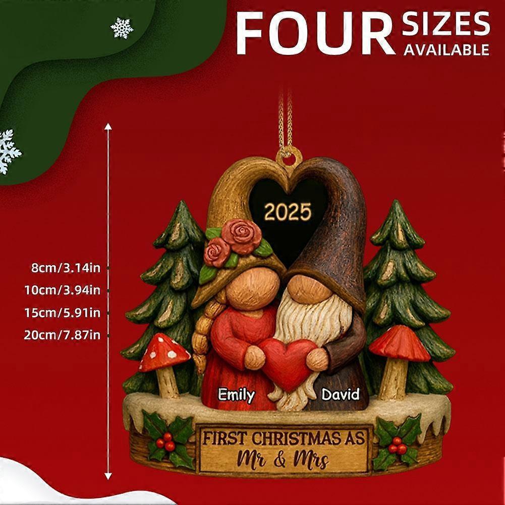 First Festival As Mr & Mrs, Rustic Gnome Couple Holding Heart Wooden Ornament