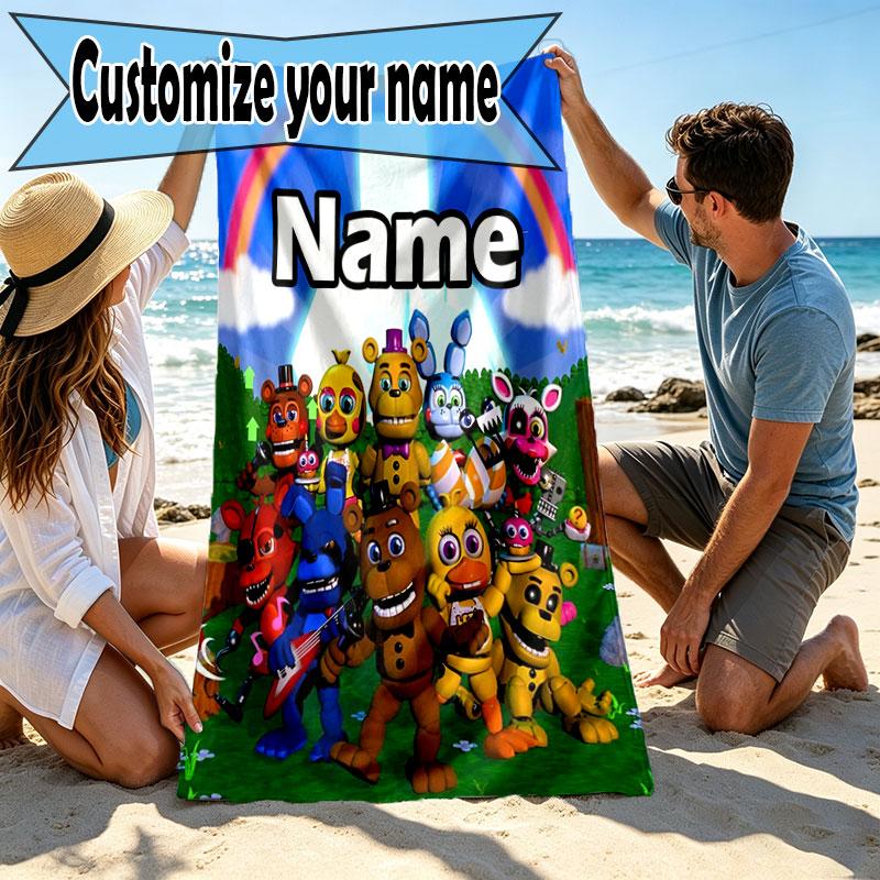 Custom Name Personalized Five Nights at Freddy's Print Beach Towel, for Trip Camping Beach Party Home Decor, Birthday Gift for Family & Friends