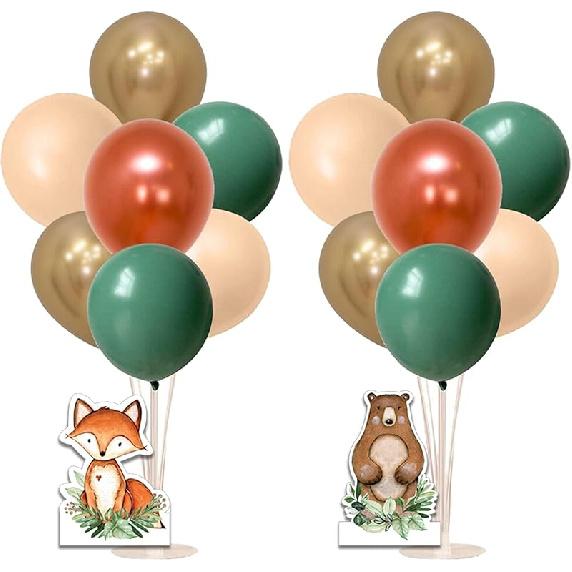 Woodland Balloon Stand Kit and Animals Centerpieces, 2 Set Table Stand Holder with 22 Balloons, Fox and Bear, Deer and Raccoon cutout, Wild one 1st