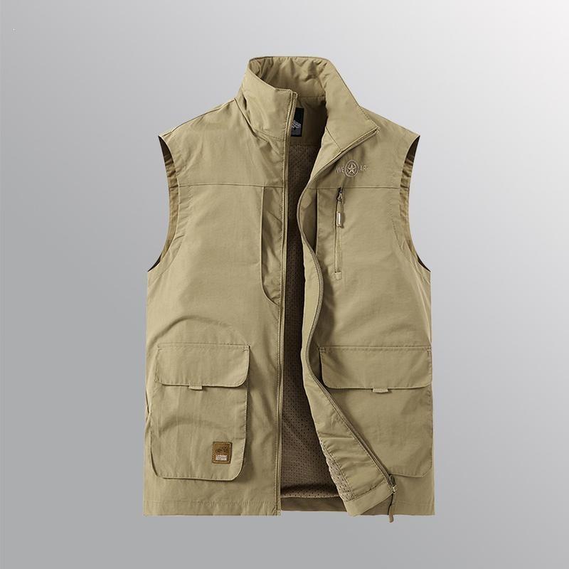 Men's Multi-Pocket Vest Khaki Cotton Rabbit Fur Standing Collar Casual Sports
