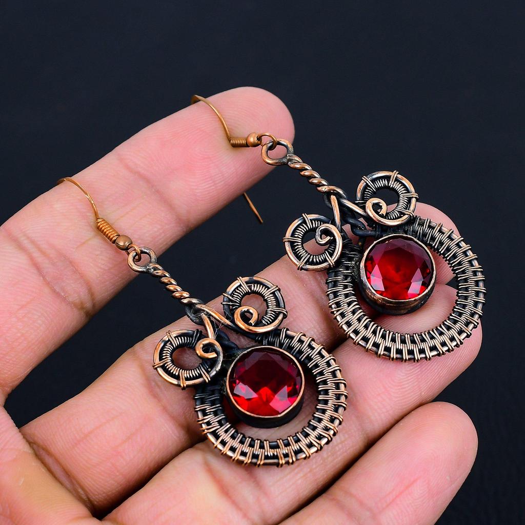 Garnet Gemstone Handmade Pure Copper Wire Wrapped Amazing Jewelry Earring