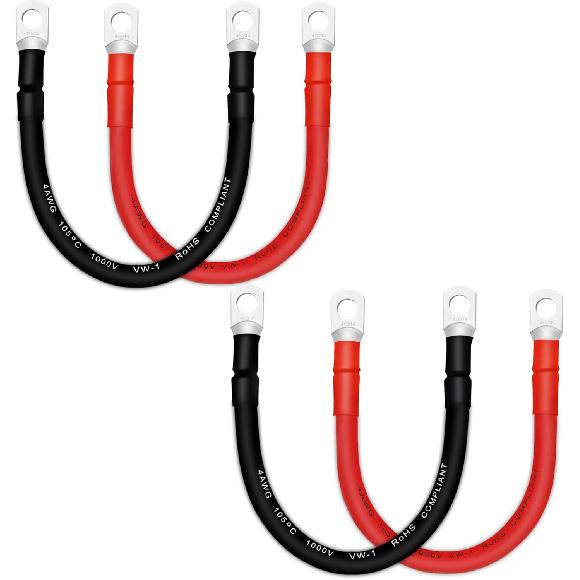 4 AWG Battery Cables with 3/8 inch Copper Terminals(2PCS 1FT)