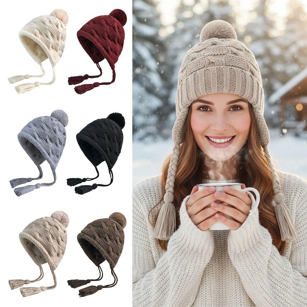 Solid Color Beanie Hat Tassels Ear Protection Cap Fashion Earflap Cap Winter
