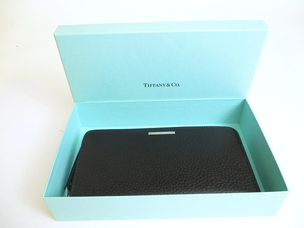 Подлинная Tiffany & Co.. Кошелек на молнии, круглый, из черной кожи, с металлической пластиной-логотипом #a871 Восстановленный