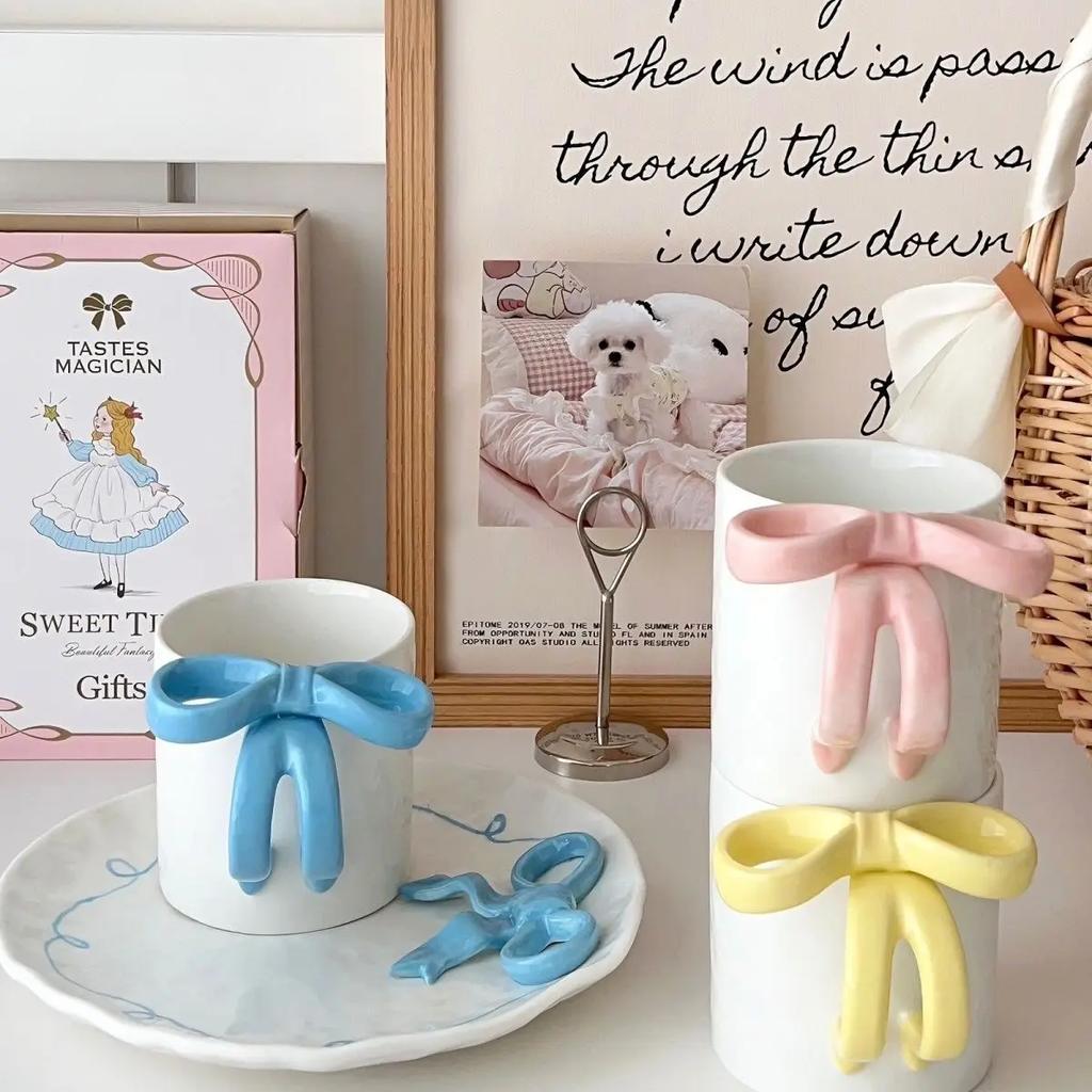 Симпатичная тарелка с 3D-бантом и кофейная кружка, расписанная вручную, керамическая тарелка, украшение для гостиной, спальни, обеденного стола, тарелка для фруктового салата