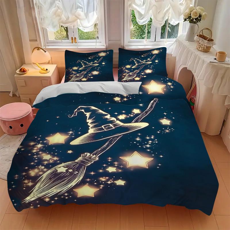 3pcs Witch Broomstick Bedding Set, Includes 1 Comforter + 2 Pillowcases, Without Pillow Inserts, Soft Comfortable, Lightweight Breathable, P
