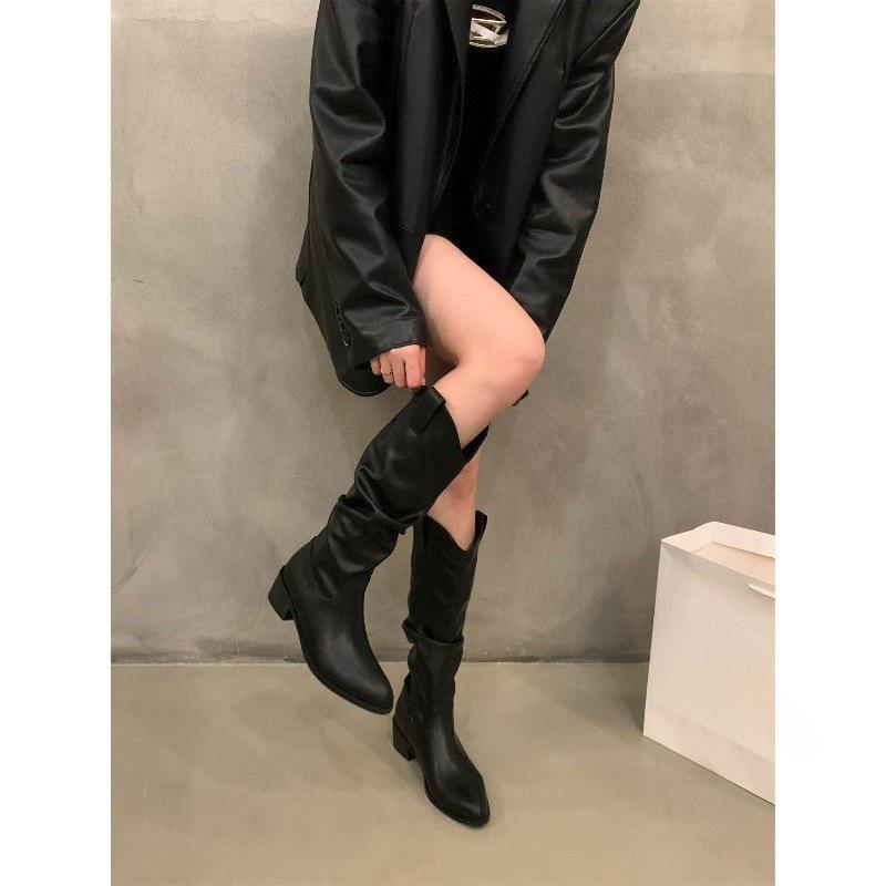 Coarse Heel Pleated Long Knight Boots Women's Shoes 2025 New Autumn and Winter Western Thin and Thin Long Boots