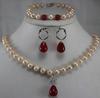 Gold Color Hot Jewelry  Red Pink Jade Pearl Shell Pendant Necklace Earring Ring Set