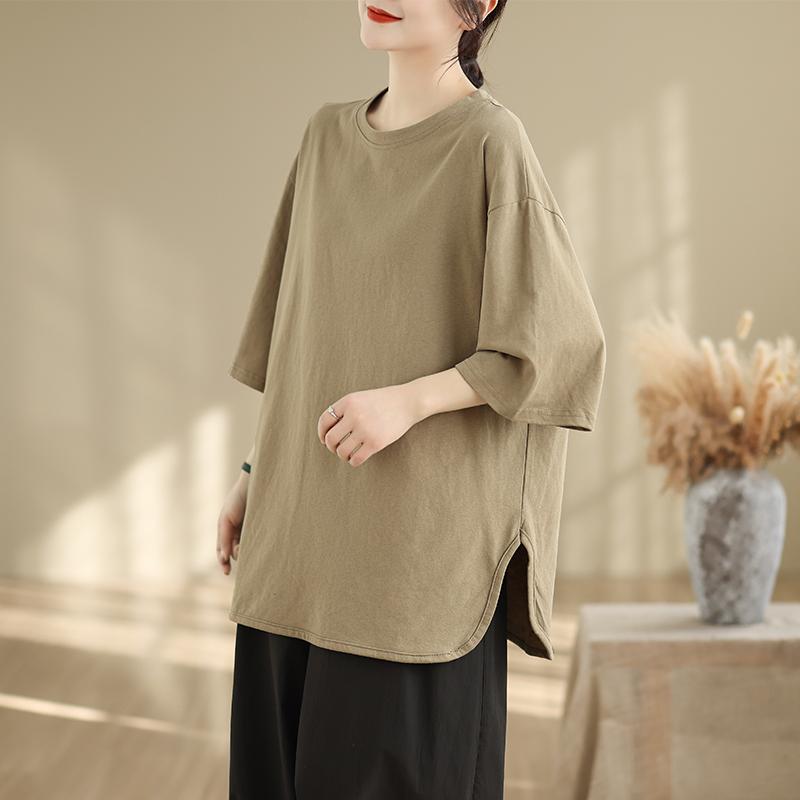 DIMANAF 2025 Женская Новая Летняя Футболка Большого Размера Короткий Рукав Хлопок Винтаж Свободные Топы Футболки Однотонная Макси