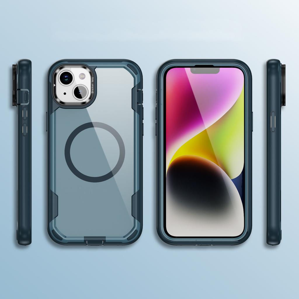 For iPhone 15 Plus/14 Plus Case Compatible with MagSafe Lens Frame Kickstand TPU + PC Shockproof Phone Cover