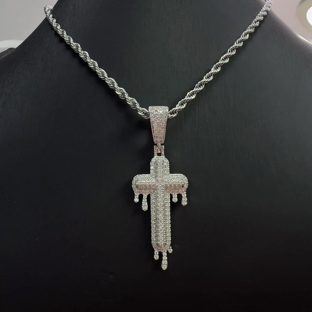 Three Rows Cross Pendant Necklace Iced Out Moissanite Hip Hop Copper Jewelry For Men Women