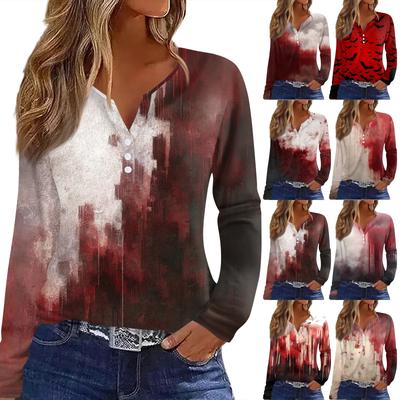 Женская футболка Футболка Принт Хэллоуин Пуговица Длинный рукав Повседневная Мода на выходные Базовая V-образный вырез Обычный топ