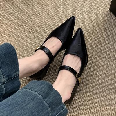 Туфли-лодочки с острым носком, женские, новые, темпераментные, для работы, на толстом каблуке, Мэри Джейн, из маленькой кожи